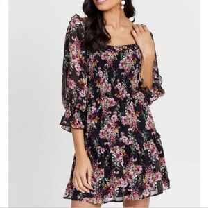 NWT Altar’d State Black Pink Floral Ruched Mini Dress M
